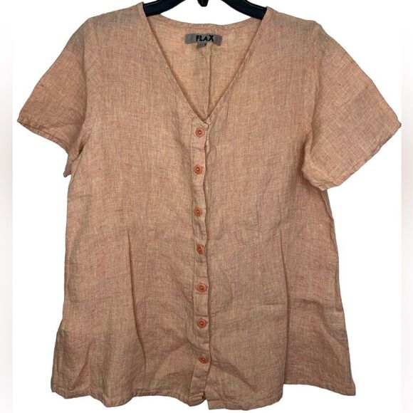 Flax Peach Short Sleeve 100% Linen Lagenlook Button Front Shirt Petite - Picture 1 of 9